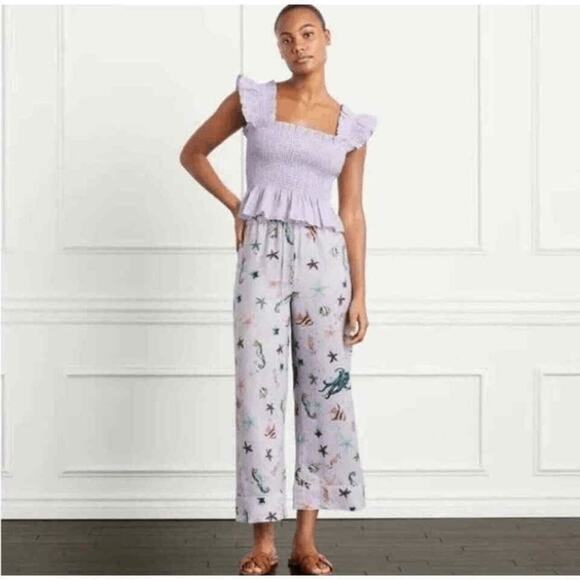 NWT Hill House Sea Creatures Linen Purple Wide Leg The Skylar Pants Size S - Picture 1 of 7
